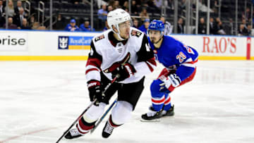 NEW YORK, NEW YORK - OCTOBER 22: Ilya Lyubushkin #46 of the Arizona Coyotes controls the puck during their game against the New York Rangers at Madison Square Garden on October 22, 2019 in New York City. (Photo by Emilee Chinn/Getty Images)