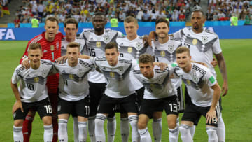 23 June 2018, Russia, Sochi, Soccer, World Cup, Germany vs Sweden, Group F, Matchday 2 of 3 at the Sochi Stadium: The German team poses for a group picture at the beginning of the match. Photo: Christian Charisius/dpa (Photo by Christian Charisius/picture alliance via Getty Images)