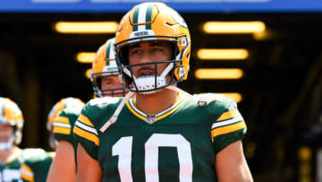 Aug 28, 2021; Orchard Park, New York, USA; Green Bay Packers quarterback Jordan Love (10) walks to the field prior to the game against the Buffalo Bills at Highmark Stadium. Mandatory Credit: Rich Barnes-USA TODAY Sports