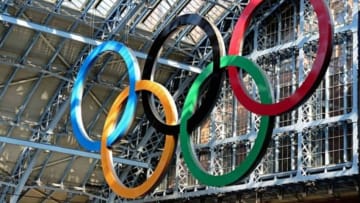 Jul 24, 2012; London, UK; A general view of the Olympic rings logo hanging from the roof of St. Pancras International Train Station 3 days before the start of the 2012 London Olympic Games. Mandatory Credit: Andrew Weber-USA TODAY Sports via USA TODAY Sports