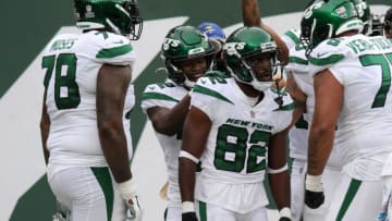 Jamison Crowder (82) is surrounded by his New York Jets teammates after scoring a fourth quarter touchdown. Sunday, October 3, 2021Nfl Week 4 Jets V Titans