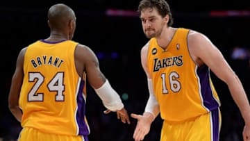 Apr 9, 2013; Los Angeles, CA, USA; Los Angeles Lakers power forward Pau Gasol (16) and shooting guard Kobe Bryant (24) in the second half against the New Orleans Hornets at the Staples Center. Lakers won 104-96. Mandatory Credit: Jayne Kamin-Oncea-USA TODAY Sports
