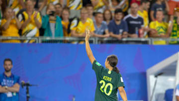 GRENOBLE, FRANCE June 18. Sam Kerr #20 of Australia leaves the field to the applause of the Australian fans after her four goal performance during the Jamaica V Australia, Group C match at the FIFA Women's World Cup at Stade des Alpes on June 18th 2019 in Grenoble, France. (Photo by Tim Clayton/Corbis via Getty Images)