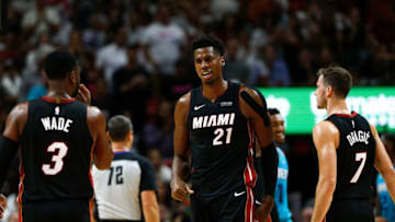 MIAMI, FL - OCTOBER 20: Hassan Whiteside #21 of the Miami Heat reacts against the Charlotte Hornets during the second half at American Airlines Arena on October 20, 2018 in Miami, Florida. NOTE TO USER: User expressly acknowledges and agrees that, by downloading and or using this photograph, User is consenting to the terms and conditions of the Getty Images License Agreement. (Photo by Michael Reaves/Getty Images)