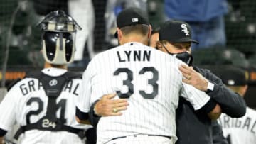 CHICAGO - APRIL 08: Lance Lynn #33 celebrates with Manager Tony La Russa #22 of the Chicago White Sox after Lynn pitched a complete game shutout during the 2021 White Sox home opener against the Kansas City Royals on April 8, 2021 at Guaranteed Rate Field in Chicago, Illinois. (Photo by Ron Vesely/Getty Images)