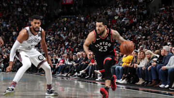 BROOKLYN, NY - JANUARY 4: Fred VanVleet #23 of the Toronto Raptors handles the ball against the Brooklyn Nets on January 4, 2020 at Barclays Center in Brooklyn, New York. NOTE TO USER: User expressly acknowledges and agrees that, by downloading and or using this Photograph, user is consenting to the terms and conditions of the Getty Images License Agreement. Mandatory Copyright Notice: Copyright 2020 NBAE (Photo by Nathaniel S. Butler/NBAE via Getty Images)