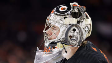 PHILADELPHIA, PENNSYLVANIA - FEBRUARY 09: Carter Hart #79 of the Philadelphia Flyers looks on during the third period against the Edmonton Oilers at Wells Fargo Center on February 09, 2023 in Philadelphia, Pennsylvania. (Photo by Tim Nwachukwu/Getty Images)