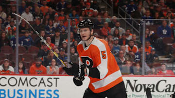 PHILADELPHIA, PENNSYLVANIA - MARCH 27: Samuel Morin #5 of the Philadelphia Flyers skates against the Toronto Maple Leafs at the Wells Fargo Center on March 27, 2019 in Philadelphia, Pennsylvania. The Flyers defeated the Leafs 5-4 in the shoot-out. (Photo by Bruce Bennett/Getty Images)