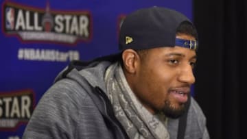 Feb 12, 2016; Toronto, Ontario, Canada; Eastern Conference forward Paul George of the Indiana Pacers (13) speaks during media day for the 2016 NBA All Star Game at Sheraton Centre. Mandatory Credit: Bob Donnan-USA TODAY Sports