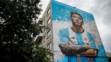 BRONNITSY, RUSSIA - JUNE 12: Street graffiti of Lionel Messi made by Sergey and Mikhail Erofeev nearby Argentina team Training Camp on June 12, 2018 in Bronnitsy, Russia. (Photo by Gabriel Rossi/Getty Images)