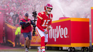 KANSAS CITY, MO - OCTOBER 16: Patrick Mahomes #15 of the Kansas City Chiefs runs onto the field during introductions against the Buffalo Bills at GEHA Field at Arrowhead Stadium on October 16, 2022 in Kansas City, Missouri. (Photo by Cooper Neill/Getty Images)