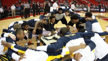 Jan 5, 2015; Lubbock, TX, USA; The West Virginia Mountaineers before the game with the Texas Tech Red Raiders at United Supermarkets Arena. Mandatory Credit: Michael C. Johnson-USA TODAY Sports