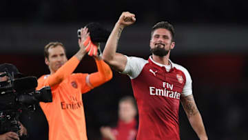 LONDON, ENGLAND - AUGUST 11: Olivier Giroud of Arsenal celebrates following his team's 4-3 victory during the Premier League match between Arsenal and Leicester City at the Emirates Stadium on August 11, 2017 in London, England. (Photo by Shaun Botterill/Getty Images)