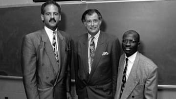 Frank Deford and small group of people, 1988, Original Caption Reads: 'From Left To Right, Stedman Graham-Managing Partner-Chicago, Graham Williams Group, Frank Deford--Publisher '. (Photo by Afro American Newspapers/Gado/Getty Images)