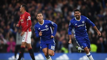 LONDON, ENGLAND - OCTOBER 23: Eden Hazard of Chelsea celebrates scoring his sides third goal with Diego Costa of Chelsea during the Premier League match between Chelsea and Manchester United at Stamford Bridge on October 23, 2016 in London, England. (Photo by Mike Hewitt/Getty Images)