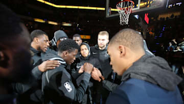 INDIANAPOLIS, IN - JANUARY 31: Victor Oladipo #4 of the Indiana Pacers with his teammates huddle before the game against the Indiana Pacers on January 31, 2018 at Bankers Life Fieldhouse in Indianapolis, Indiana. NOTE TO USER: User expressly acknowledges and agrees that, by downloading and or using this Photograph, user is consenting to the terms and conditions of the Getty Images License Agreement. Mandatory Copyright Notice: Copyright 2018 NBAE (Photo by Ron Hoskins/NBAE via Getty Images)