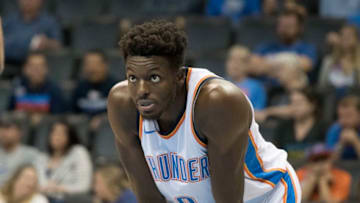 OKLAHOMA CITY, OK - OCTOBER 8: Jerami Grant #9 of the Oklahoma City Thunder against Melbourne United during the second half of a NBA preseason game at the Chesapeake Energy Arena on October 8, 2017 in Oklahoma City, Oklahoma. NOTE TO USER: User expressly acknowledges and agrees that, by downloading and or using this photograph, User is consenting to the terms and conditions of the Getty Images License Agreement. (Photo by J Pat Carter/Getty Images)