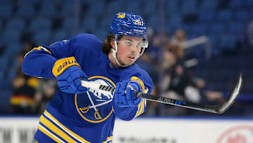 BUFFALO, NEW YORK - NOVEMBER 15: Owen Power #25 of the Buffalo Sabres warms up before the game against the Vancouver Canucks at KeyBank Center on November 15, 2022 in Buffalo, New York. (Photo by Joshua Bessex/Getty Images)