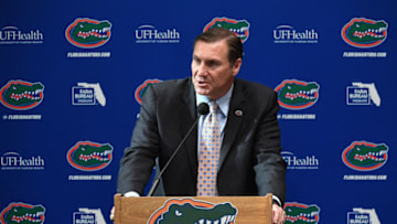 GAINESVILLE, FL - NOVEMBER 27: Florida Gators head football coach Dan Mullen speaks during an introductory press conference at the Bill Heavener football complex on November 27, 2017 in Gainesville, Florida. (Photo by Rob Foldy/Getty Images)