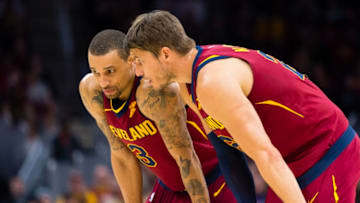 CLEVELAND, OH - FEBRUARY 27: George Hill #3 talks with Kyle Korver #26 of the Cleveland Cavaliers during the first half against the Brooklyn Nets at Quicken Loans Arena on February 27, 2018 in Cleveland, Ohio. (Photo by Jason Miller/Getty Images)