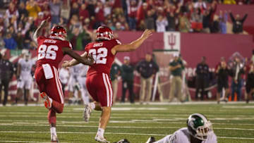 Oct 1, 2016; Bloomington, IN, USA; Indiana Hoosiers place kicker Griffin Oakes (92) celebrates his game winning field goal with punter Joseph Gedeon (86) in overtime of the game against Michigan State Spartans at Memorial Stadium. Indiana Hoosiers beat the Michigan State Spartans by the score of 24-21. Mandatory Credit: Trevor Ruszkowski-USA TODAY Sports