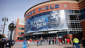 DETROIT, MI - DECEMBER 07: A general view of the main entrance of Ford Field prior to the start of the game between the Tampa Bay Buccaneers and the Detroit Lions on December 7, 2014 in Detroit, Michigan. The Lions defeated the Buccaneers 34-17. (Photo by Leon Halip/Getty Images)