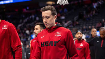 Mar 19, 2023; Detroit, Michigan, USA; Miami Heat forward Duncan Robinson (55) leaves the court after a win against the Detroit Pistons at Little Caesars Arena. Mandatory Credit: Allison Farrand-USA TODAY Sports