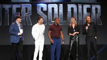 ANAHEIM, CALIFORNIA - AUGUST 23: (L-R) President of Marvel Studios Kevin Feige, Sebastian Stan, Anthony Mackie, Emily VanCamp, and Wyatt Russell of 'The Falcon and The Winter Soldier' took part today in the Disney+ Showcase at Disney’s D23 EXPO 2019 in Anaheim, Calif. 'The Falcon and The Winter Soldier' will stream exclusively on Disney+, which launches November 12. (Photo by Jesse Grant/Getty Images for Disney)