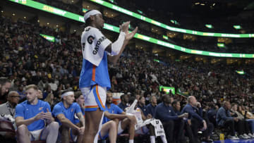 Oct 12, 2023; Montreal, Quebec, CAN; Oklahoma City Thunder guard Shai Gilgeous-Alexander (2) cheers his team on during the fourth quarter against the Detroit Pistons at the Bell Centre. Mandatory Credit: Eric Bolte-USA TODAY Sports