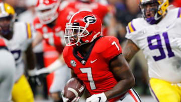 ATLANTA, GEORGIA - DECEMBER 07: D'Andre Swift #7 of the Georgia Bulldogs runs with the ball in the first half against the LSU Tigers during the SEC Championship game at Mercedes-Benz Stadium on December 07, 2019 in Atlanta, Georgia. (Photo by Kevin C. Cox/Getty Images)