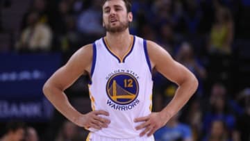 November 1, 2014; Oakland, CA, USA; Golden State Warriors center Andrew Bogut (12) looks on during the fourth quarter against the Los Angeles Lakers at Oracle Arena. The Warriors defeated the Lakers 127-104. Mandatory Credit: Kyle Terada-USA TODAY Sports