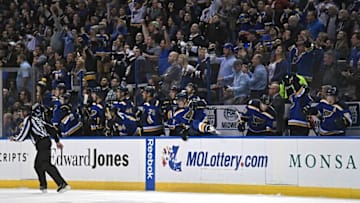 Nov 17, 2016; St. Louis, MO, USA; St. Louis Blues and fans celebrate after defeating the San Jose Sharks 3-2 at Scottrade Center. Mandatory Credit: Jeff Curry-USA TODAY Sports