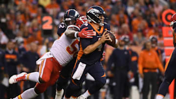 DENVER, CO - OCTOBER 1: Justin Houston (50) of the Kansas City Chiefs tackles Case Keenum (4) of the Denver Broncos during the first quarter. The Denver Broncos hosted the Kansas City Chiefs at Broncos Stadium at Mile High in Denver, Colorado on Monday, October 1, 2018. (Photo by AAron Ontiveroz/The Denver Post via Getty Images)