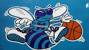 CHARLOTTE, NC - OCTOBER 17: A detailed view of the original logo of the Charlotte Hornets on display on the court ahead of opening night against the Milwaukee Bucks at Spectrum Center on October 17, 2018 in Charlotte, North Carolina. NOTE TO USER: User expressly acknowledges and agrees that, by downloading and or using this photograph, User is consenting to the terms and conditions of the Getty Images License Agreement. (Photo by Streeter Lecka/Getty Images)