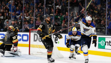 LAS VEGAS, NV - MARCH 30: St. Louis Blues right wing Chris Thorburn (22) celebrates after scoring the game-tying goal in the third period against Vegas Golden Knights Goalie Malcolm Subban (30) during the game between the Vegas Golden Knights and St. Louis Blues on March 30, 2018 at T-Mobile Arena in Las Vegas, Nevada. (Photo by Jeff Speer/Icon Sportswire via Getty Images)