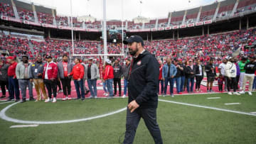 Ohio State Buckeyes head coach Ryan Day greets former football players on the field during the spring football game at Ohio Stadium in Columbus on April 16, 2022.Ncaa Football Ohio State Spring Game