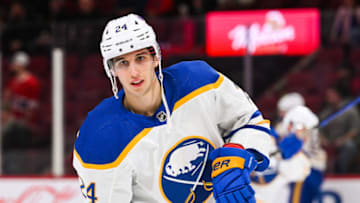 Nov 22, 2022; Montreal, Quebec, CAN; Buffalo Sabres center Dylan Cozens (24) skates during warm-up before the game against the Montreal Canadiens at Bell Centre. Mandatory Credit: David Kirouac-USA TODAY Sports