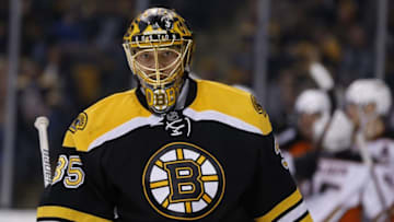 Dec 15, 2016; Boston, MA, USA; Boston Bruins goalie Anton Khudobin (35) reacts after a goal by the Anaheim Ducks during the second period at TD Garden. Mandatory Credit: Greg M. Cooper-USA TODAY Sports