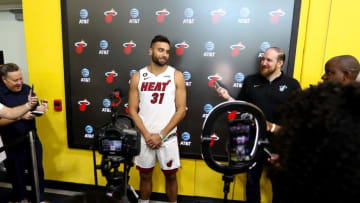 Max Strus #31 of the Miami Heat is interviewed during media day at FTX Arena (Photo by Megan Briggs/Getty Images)