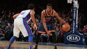 NEW YORK, NY - MARCH 31: Emmanuel Mudiay #1 of the New York Knicks handles the ball during the game against the Detroit Pistons on March 31, 2018 at Madison Square Garden in New York City, New York. Copyright 2018 NBAE (Photo by Nathaniel S. Butler/NBAE via Getty Images)