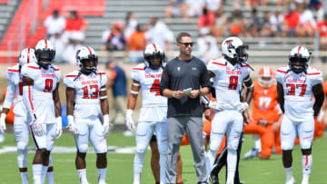 LUBBOCK, TX - SEPTEMBER 12: Head coach Kliff Kingsbury of the Texas Tech Red Raiders prior to the game against the UTEP Miners on September 12, 2015 at Jones AT