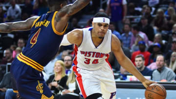 Apr 22, 2016; Auburn Hills, MI, USA; Detroit Pistons forward Tobias Harris (34) drives to the basket as Cleveland Cavaliers guard Iman Shumpert (4) defends during the second quarter in game three of the first round of the NBA Playoffs at The Palace of Auburn Hills. Mandatory Credit: Tim Fuller-USA TODAY Sports