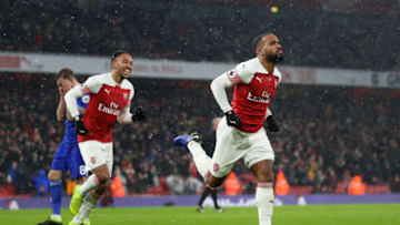 LONDON, ENGLAND - JANUARY 29: Alexandre Lacazette of Arsenal celebrates after scoring his team's second goal during the Premier League match between Arsenal and Cardiff City at Emirates Stadium on January 29, 2019 in London, United Kingdom. (Photo by Catherine Ivill/Getty Images)