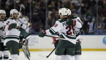 Mar 5, 2016; Buffalo, NY, USA; Minnesota Wild right wing Jason Pominville (29) celebrates his game winning goal against the Buffalo Sabres at First Niagara Center. Minnesota beats Buffalo 3 to 2. Mandatory Credit: Timothy T. Ludwig-USA TODAY Sports