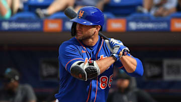 PORT ST. LUCIE, FLORIDA - MARCH 03: Tim Tebow #85 of the New York Mets at bat during the spring training game against the Miami Marlins at Clover Park on March 03, 2020 in Port St. Lucie, Florida. (Photo by Mark Brown/Getty Images)