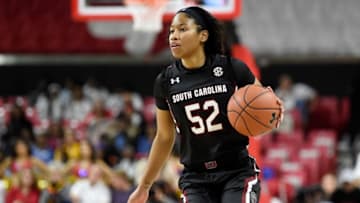 COLLEGE PARK, MD - NOVEMBER 10: Tyasha Harris #52 of the South Carolina Gamecocks handles the ball against the Maryland Terrapins at Xfinity Center on November 10, 2019 in College Park, Maryland. (Photo by G Fiume/Maryland Terrapins/Getty Images)