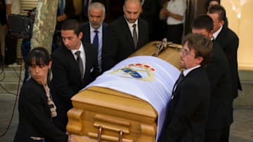 MADRID, SPAIN - JULY 09: The coffin containing the mortal remians of former Real Madrid great Alfredo Di Stefano is carried from the Santiago Bernabeu stadium for burriel on July 9, 2014 in Madrid, Spain. Di Stefano, who won 5 sucessive European Cups for Real died July 7 aged 88 in Madrid after earlier suffering a heart attack. (Photo by Denis Doyle/Getty Images)