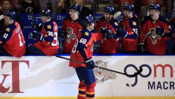 Jan 3, 2016; Sunrise, FL, USA; Florida Panthers right wing Jaromir Jagr (68) is congratulated by teammates after his game winning goal in the third period of a game against the Minnesota Wild at BB&T Center. The Panthers won 2-1. Mandatory Credit: Robert Mayer-USA TODAY Sports