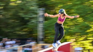 Brazil's Rayssa Leal competes in the Heat 2 of the Women's Semifinal of the World Street Skateboarding Rome 2022 event at Colle Oppio park in Rome, on July 2, 2022. (Photo by Andreas SOLARO / AFP) (Photo by ANDREAS SOLARO/AFP via Getty Images)