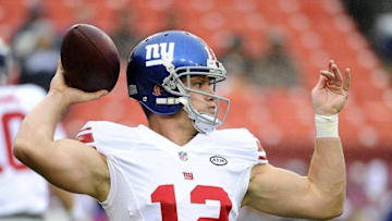 Nov 29, 2015; Landover, MD, USA; New York Giants quarterback Ryan Nassib (12) warms up before the game between the Washington Redskins and the New York Giants at FedEx Field. Mandatory Credit: Brad Mills-USA TODAY Sports